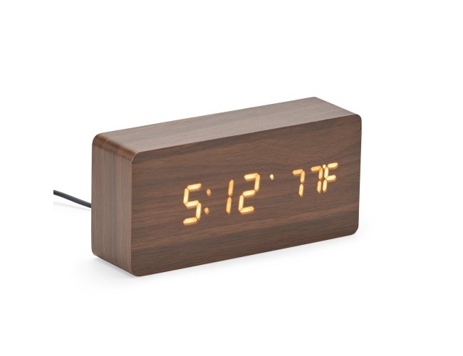 RELÓGIO DESPERTADOR DE MADEIRA COM PAINEL DE LED