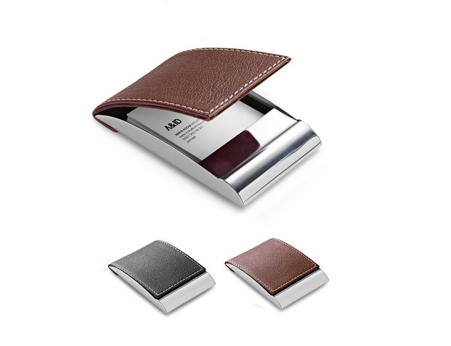 PORTA CARTÕES EM METAL E COURO SINTÉTICO