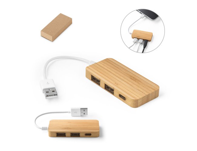 HUB EM BAMBU COM 2 PORTAS USB-A e 1 porta USB-C
